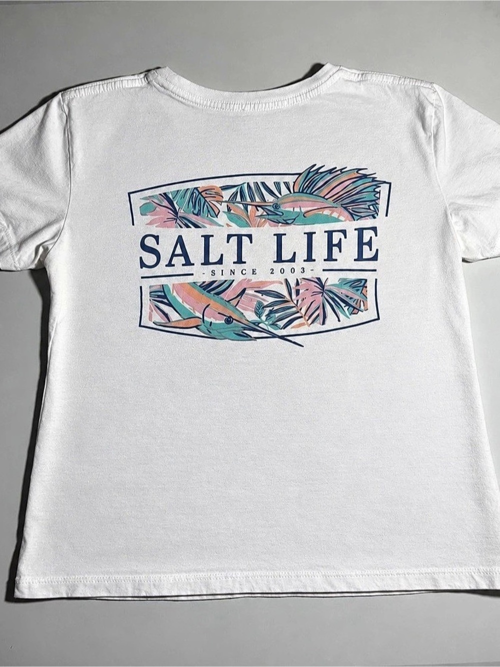 Salt Life Live Salty Marlin Graphic Short Sleeve T-Shirt Tee White & Blue- women